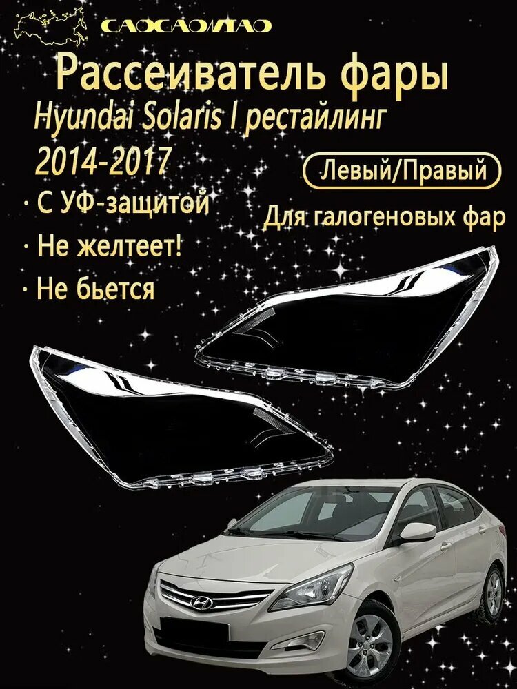 Ремкомплект фары, 2 шт, арт. Рассеиватель фары на Hyundai Solaris 1 рестайлинг 2014-2017 выбор левый правый комплект поликарбонат с УФ-защитой не желтеет.