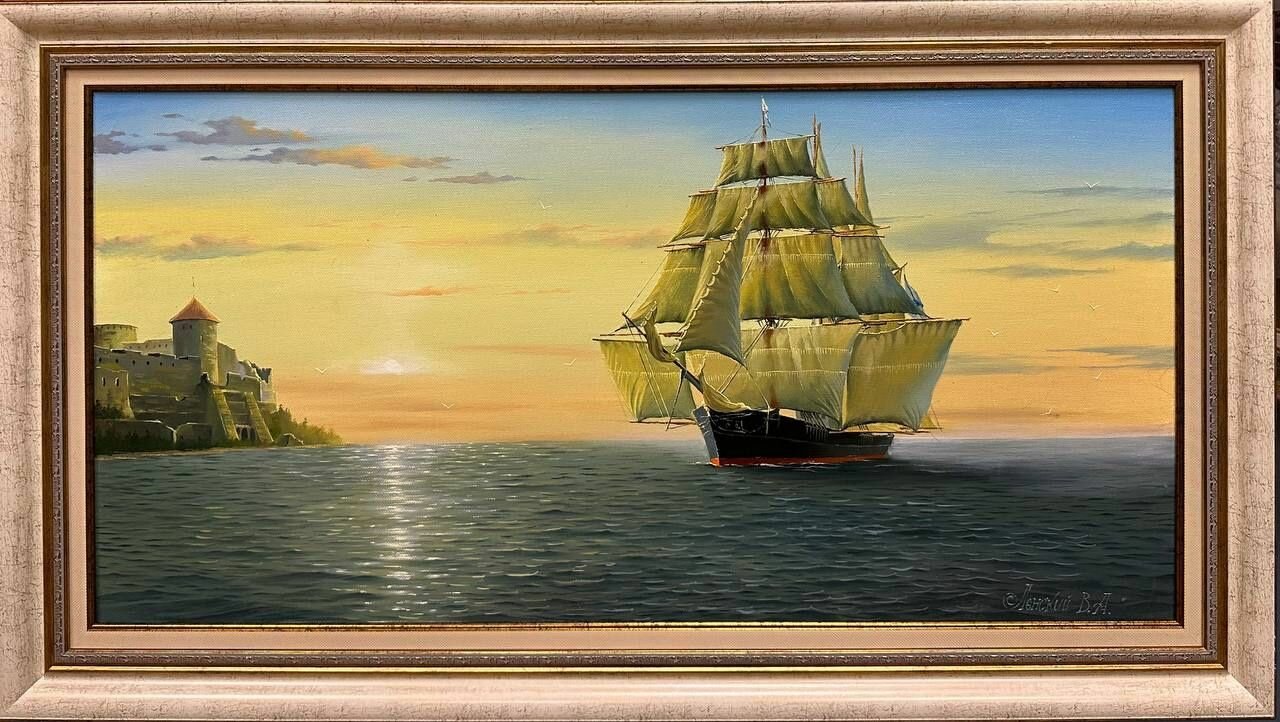 Картина маслом, морской пейзаж "Шхуна "Ингун". Холст/Масло 2024. Размер 40х80. Автор Ленский В.