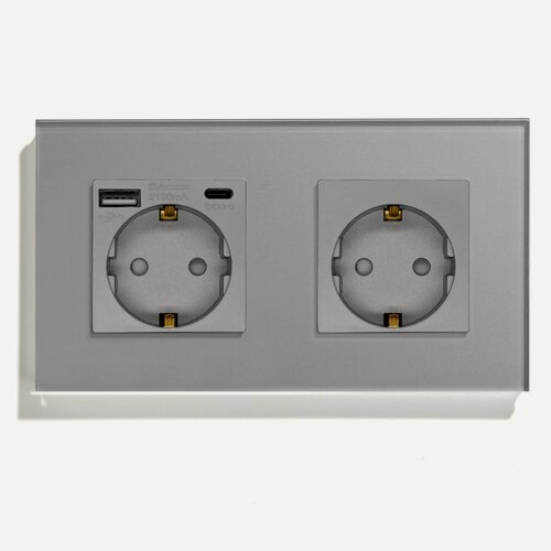 Изображение товара Розетка с USB Type-C MVAVA, зарядка 10Вт, встраиваемая, 2 поста, стекло, с заземлением, серая