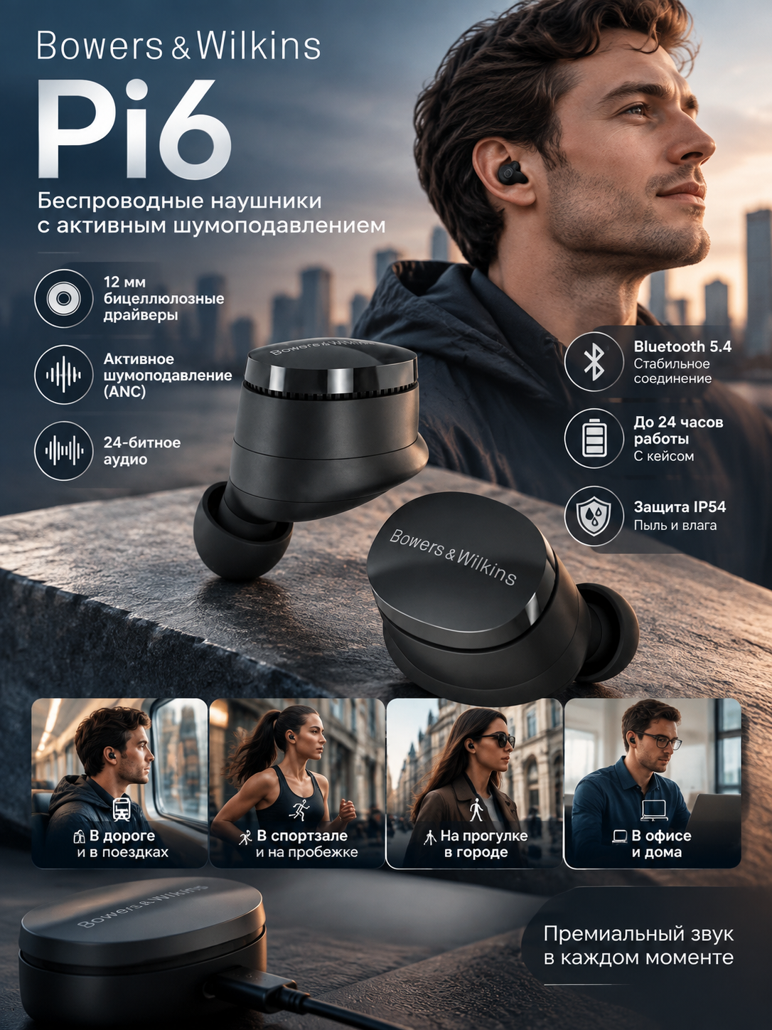 Беспроводные TWS-наушники с активным шумоподавлением Bluetooth 5.4, до 24 ч работы, IP54, чёрные