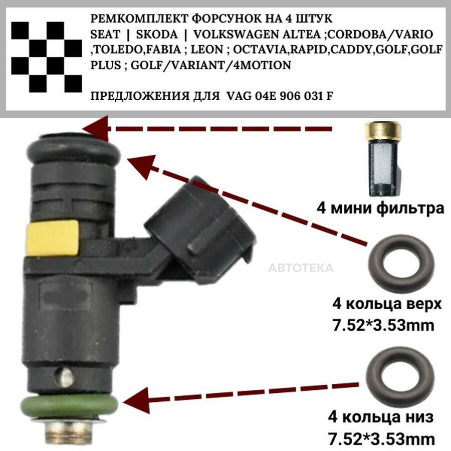 Ремкомплект форсунок на 4 штук VAG 036906031AG SEAT | SKODA | VOLKSWAGEN AUTO-GUR FKIT43