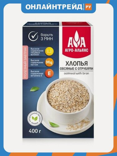 Изображение товара Хлопья Агро-альянс овсяные с отрубями " Экстра" 400 г