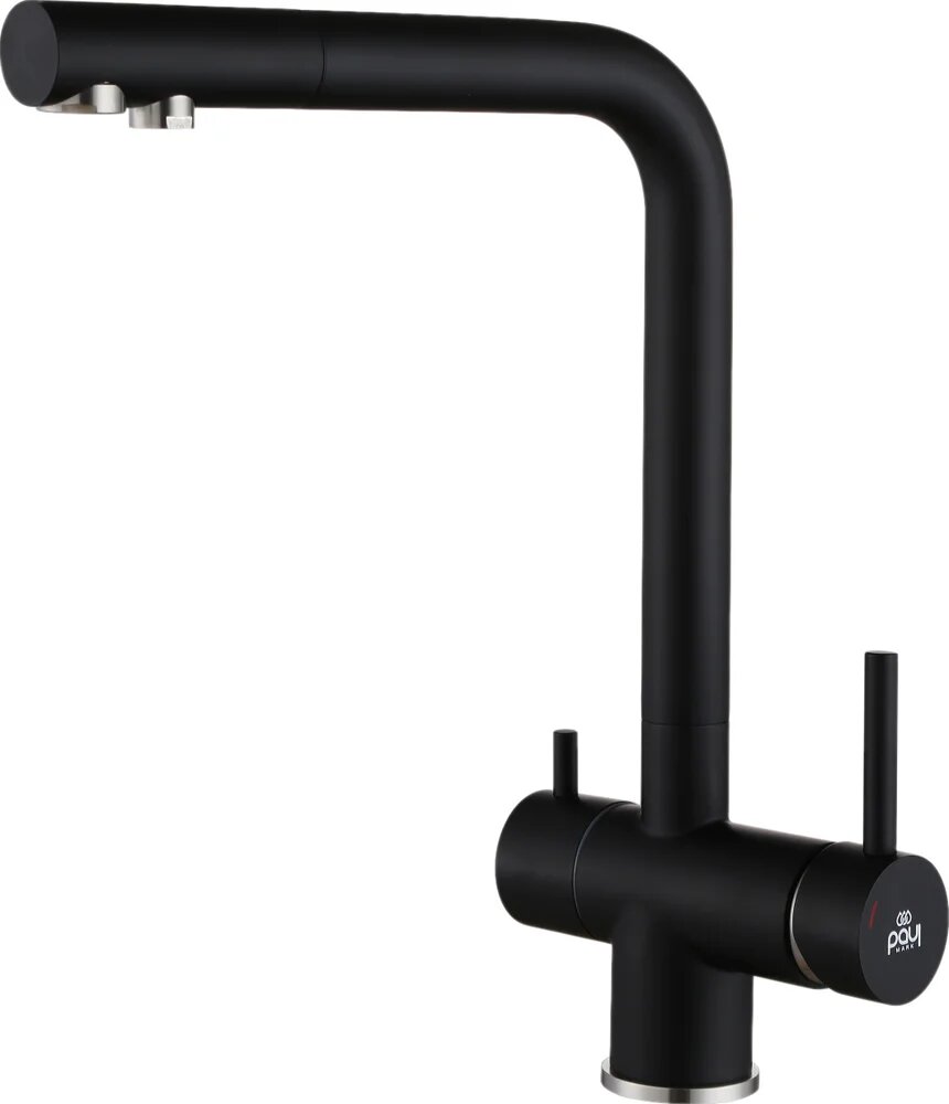 Смеситель для кухни Paulmark Skalen Sk213020-AN с краном для питьевой воды, с поворотным изливом, черный, матовый, однорычажный, нержавеющая сталь, с кер