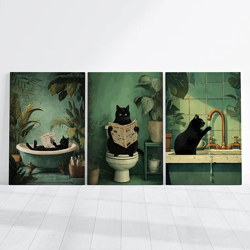 Набор из 3 картин: черная кошка, винтажный зеленый принт на холсте 3pcs, 50x70cm No Frame