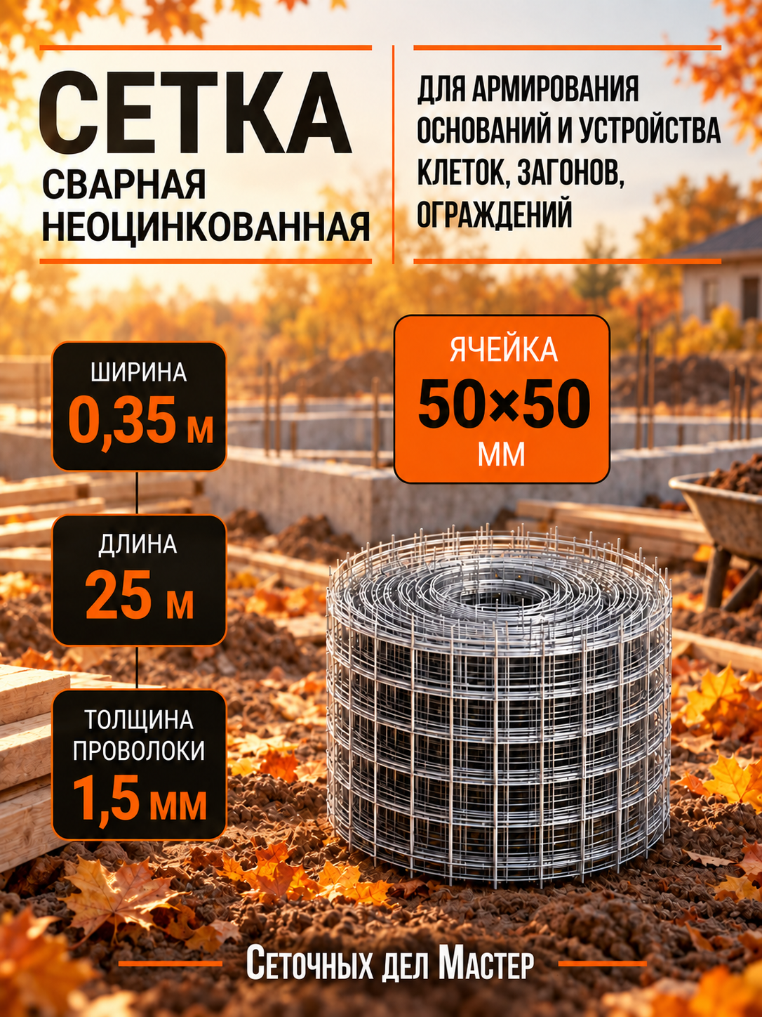 Сетка сварная, ячейка 50х50 мм, пруток 1,5 мм, рулон 0,35х25 м, для армирования, устройства ограждений, клеток, вольеров