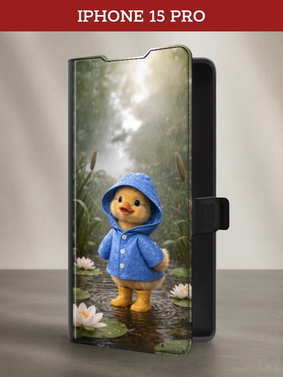 Чехол-книжка на Apple iPhone 15 Pro / Айфон 15 Про с принтом Уточка в сапогах, черный