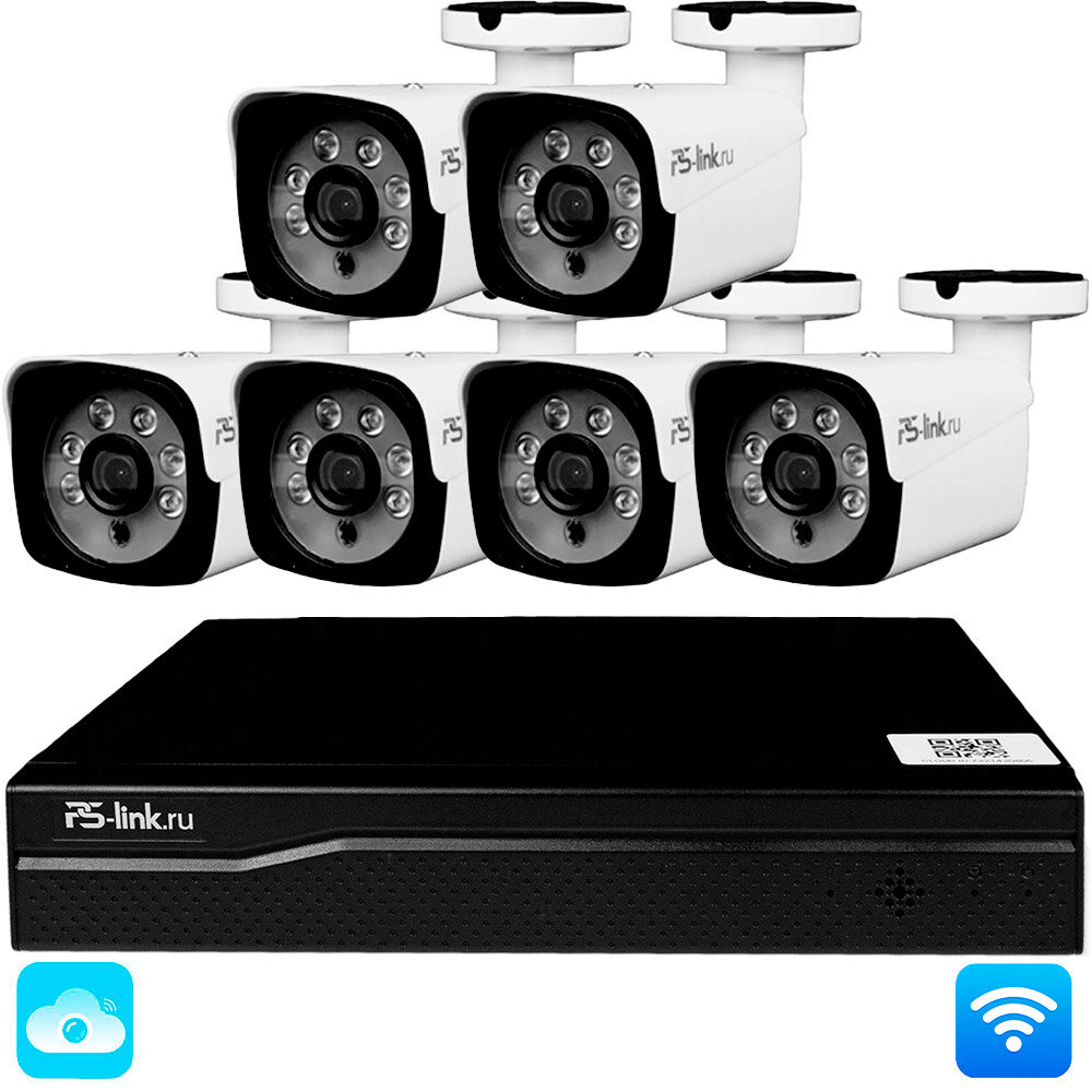 WI-FI Комплект видеонаблюдения с 6 камерами 3Мп PS-Link KIT-W306TB для улицы, микрофон, приложения IP Pro, Eseecloud