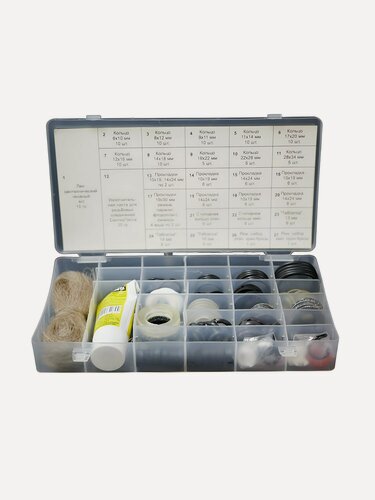 Изображение товара Набор прокладок сантехнических СантехКреп Сантехник №4, 27 видов, плоские и формованные уплотнительные кольца, Россия