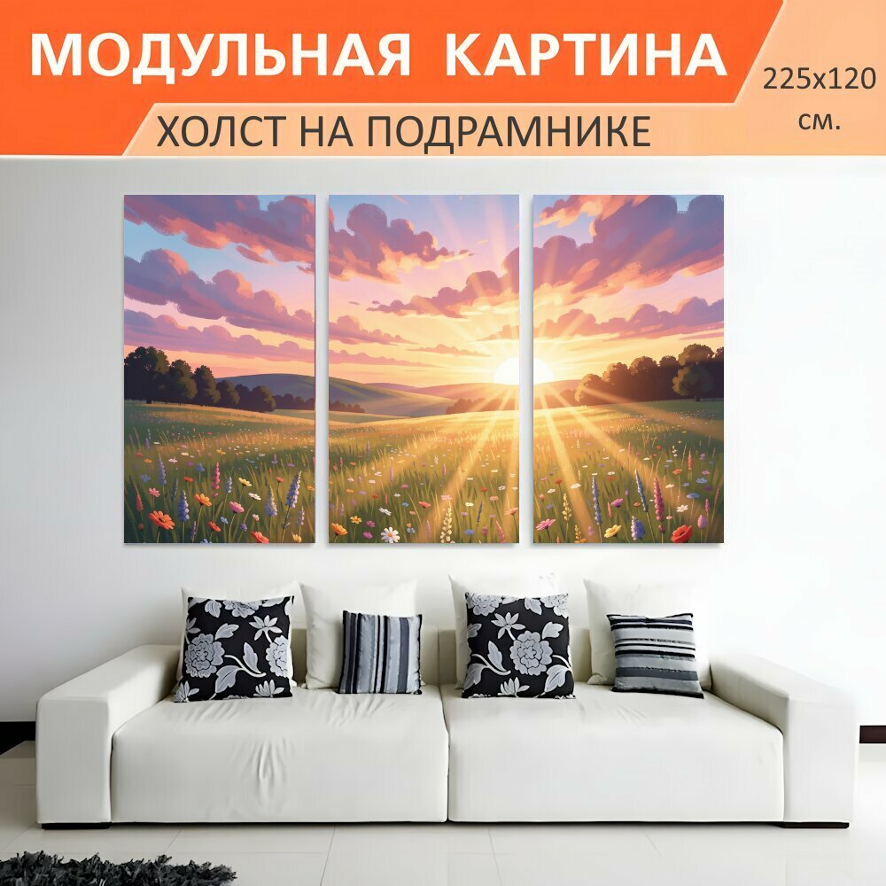 Модульная картина на холсте "Солнечный луг на закате. Живописный летний пейзаж с лучами низкого солнца, розово-фиолетовыми облаками и." триптих на подрамнике 225х120 см. для интерьера