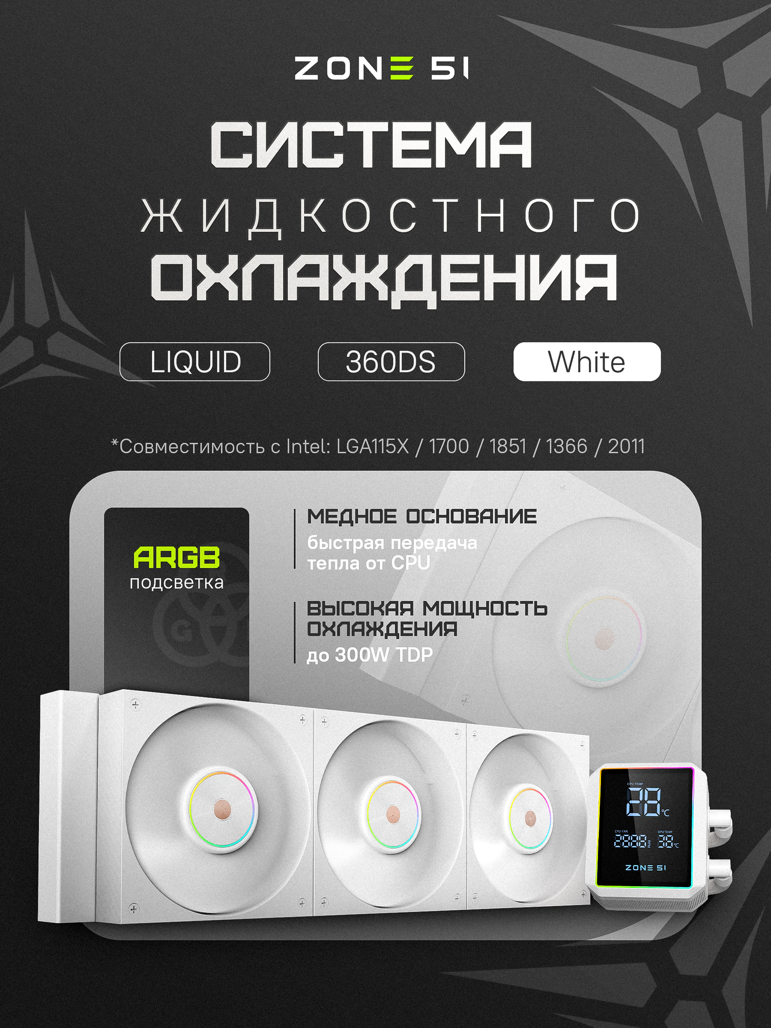 Система жидкостного охлаждения ZONE 51 STREAM Liquid 360DS White ARGB