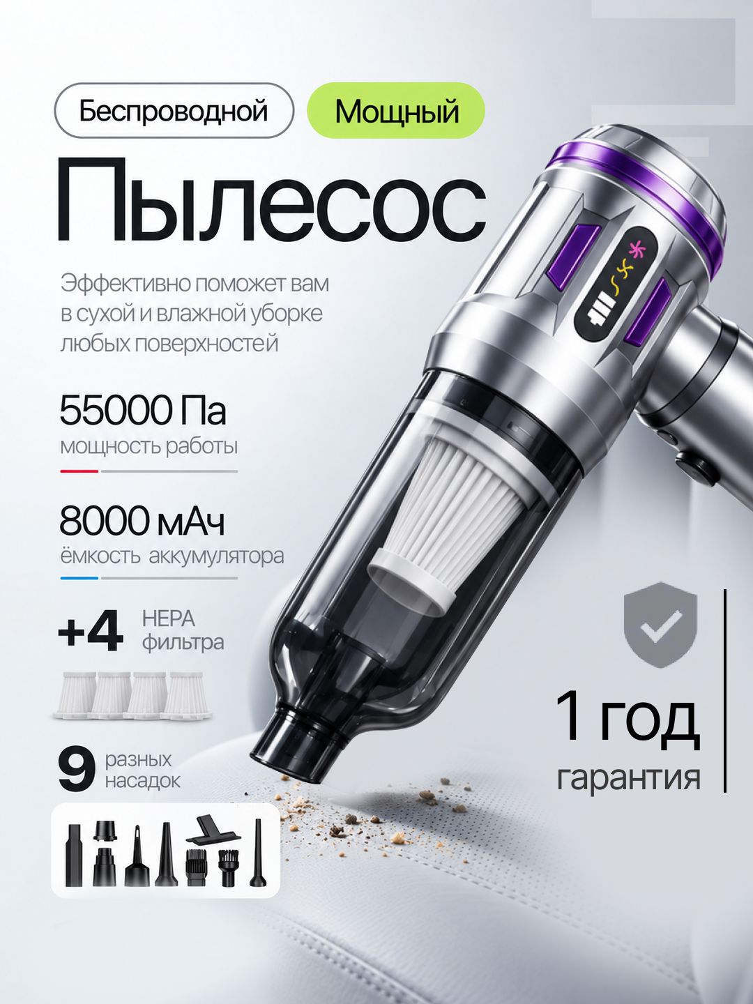 Пылесос для автомобиля мощный беспроводной Mime, пылесос аккумуляторный автомобильный