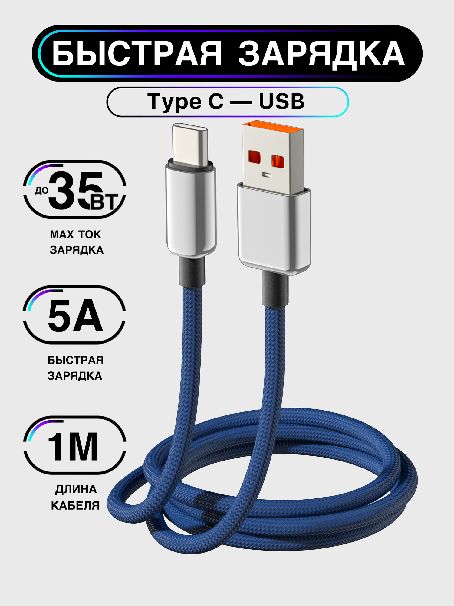 Кабель быстрой зарядки для iPhone, USB - Type-C, iPhone, 25Вт 3A, синий
