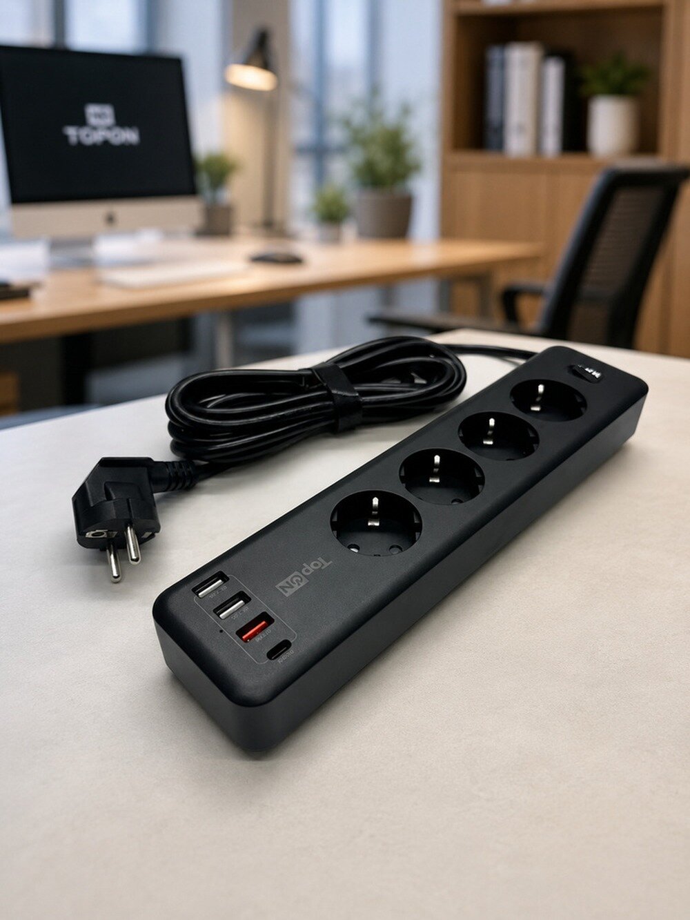 Сетевой фильтр TopON на 4 розетки с USB-C PD 20W, USB QC 18W, кабель 3 м, 4000 Вт
