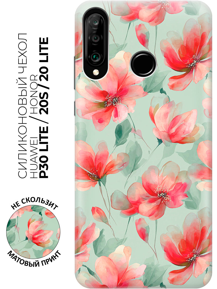 Силиконовый чехол на Honor 20 Lite / 20s / Huawei P30 Lite с принтом "Акварель красных цветов"