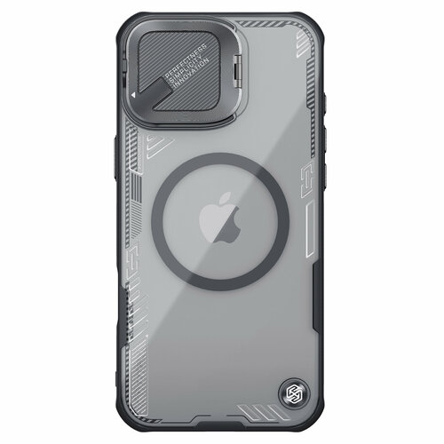 фото Чехол тонированный (transparent black) от nillkin с металлической откидной крышкой и поддержкой магнитной беспроводной зарядки magsafe на iphone 16, серия iceblade prop magnetic case