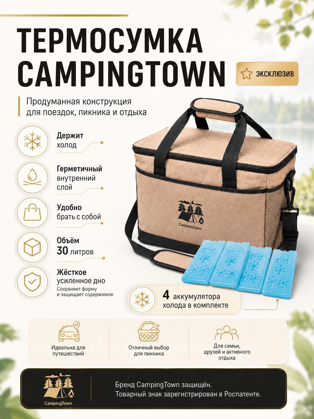 Термосумка CampingTown 30 л, сумка-холодильник для пикника, автомобиля и путешествий, с жёстким дном и карманами для аккумуляторов холода