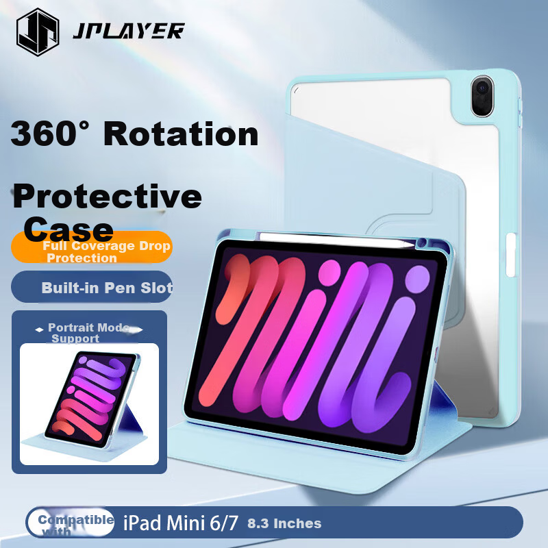 Чехол JPLAYER для iPad Mini 7/6 8.3 дюйма с поворотным креплением прозрачный акриловый с отсеком для ручки бело-голубой