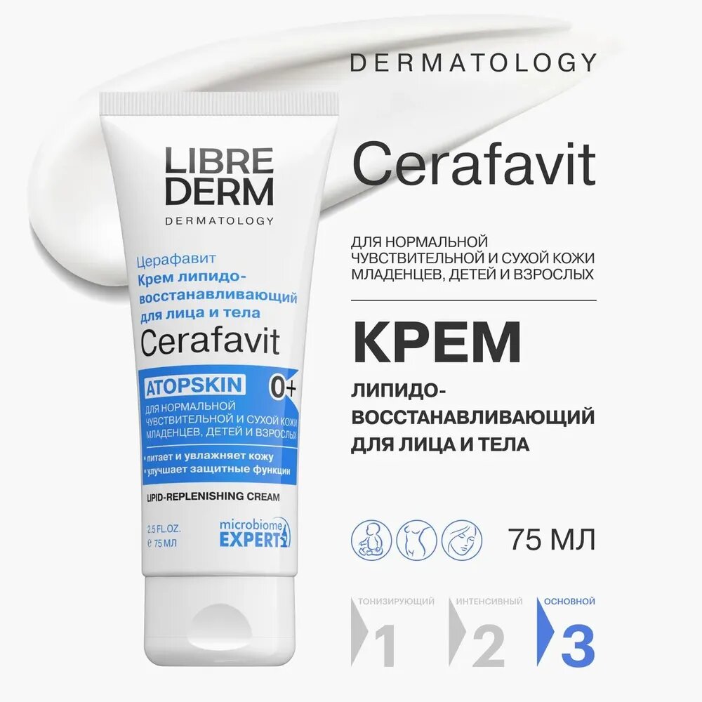 Либридерм Cerafavit, крем липидовосстанавливающий с церамидами и пребиотиком для лица и тела, 75 мл