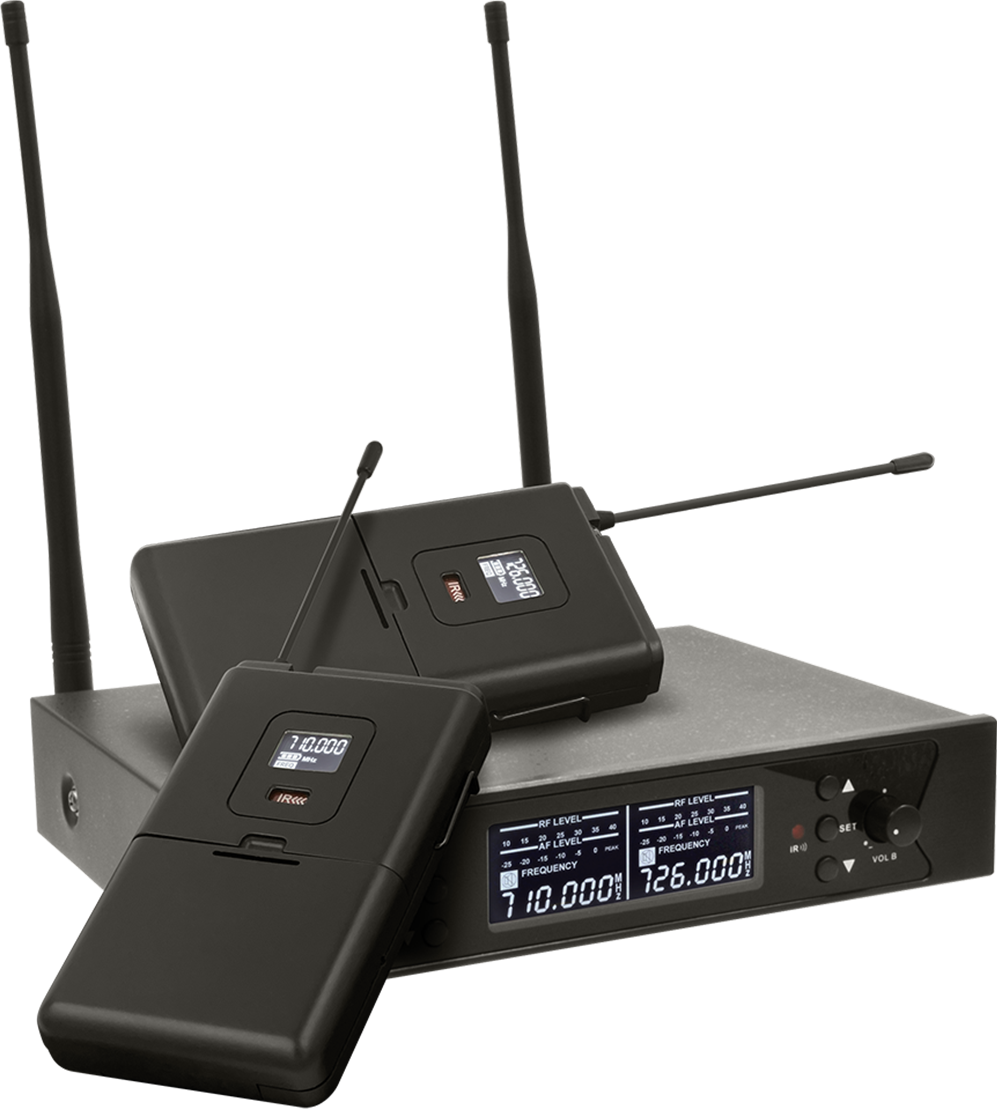 Микрофонная радиосистема Axelvox [DWS7000HT (LT Bundle)] UHF 710-726 MHz, 2 x 32 канала, LCD дисплей, 2х ИК порт, 2x поясных передатчика, 2x головной микрофон, 2x петличный микрофон