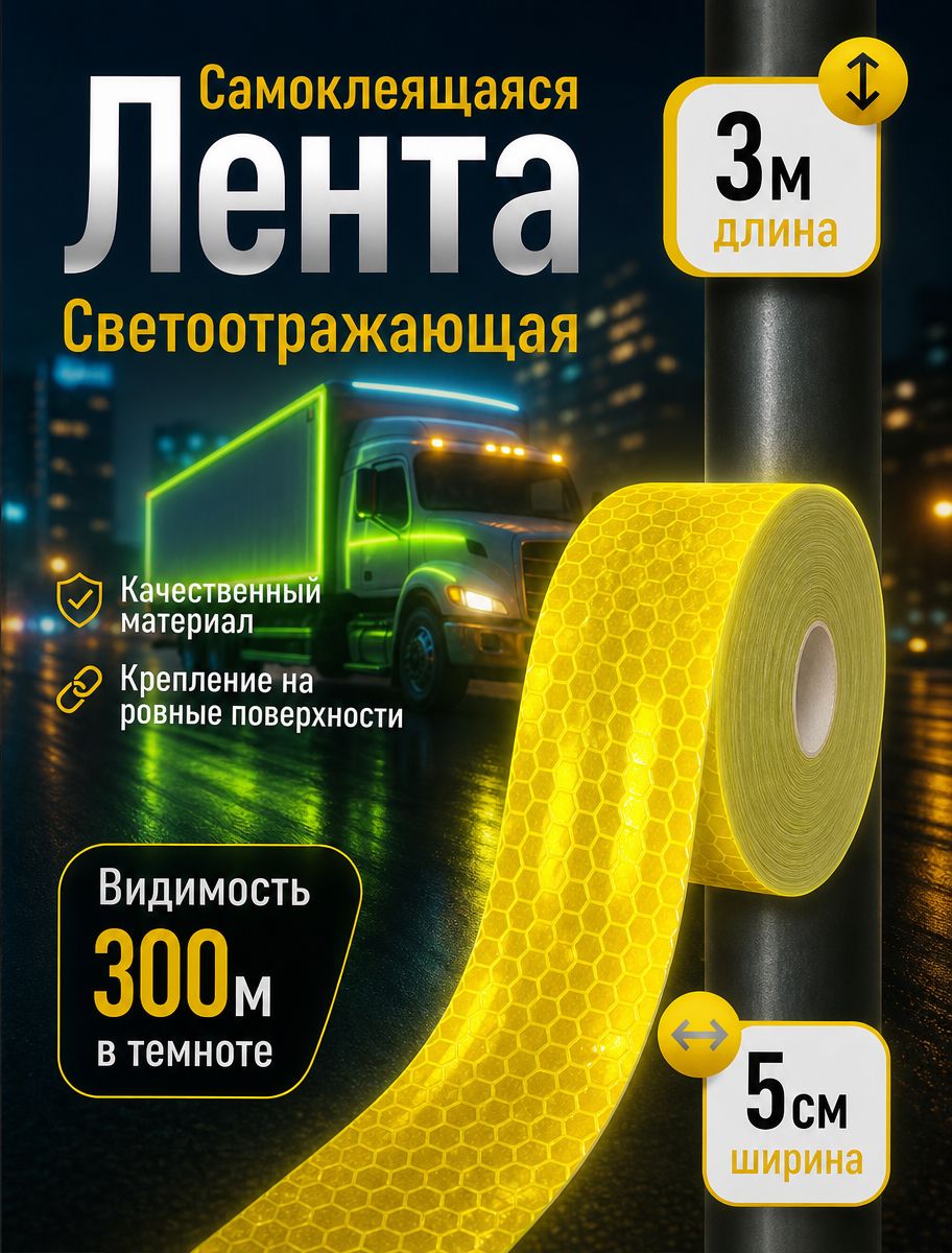 Светоотражающая лента самоклеющаяся 5х300см желтый Лента светоотражающая самоклеящаяся, отражающая лента самоклеющая