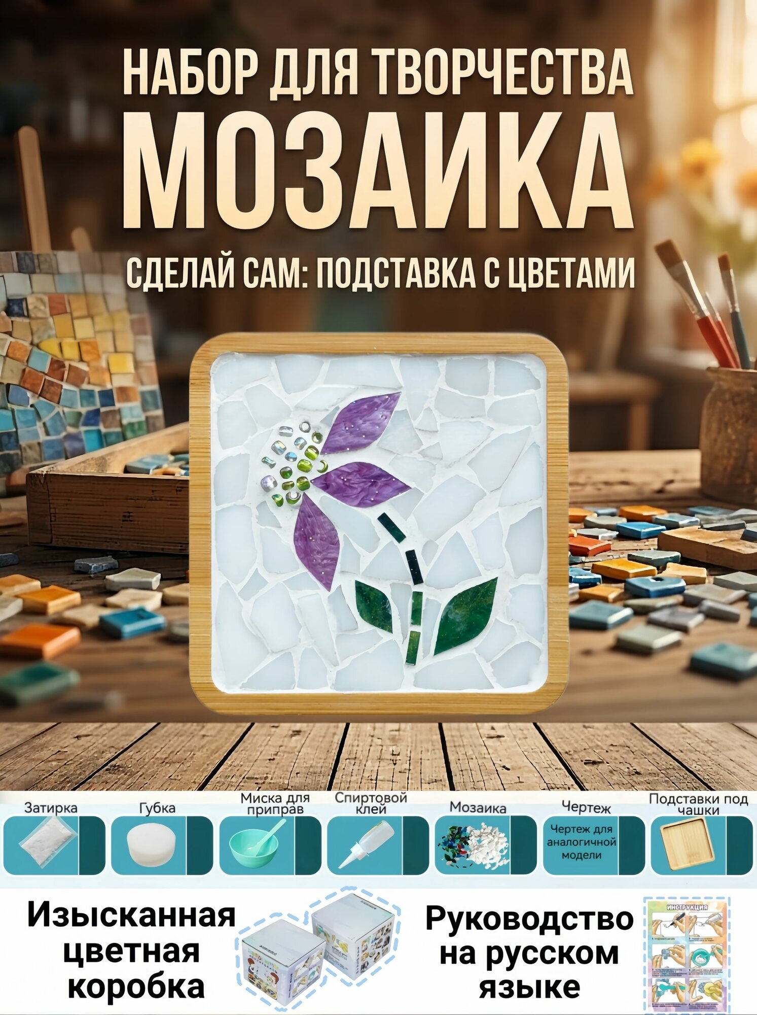 Набор для творчества DIY мозаика, деревянная подставка под кружку своими руками, рукоделие для детей и взрослых