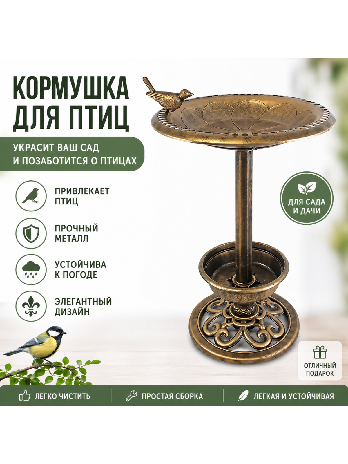 Фонтан-купальня для птиц садовый 43x62 см, золотистый, солнечная батарея, декор для сада