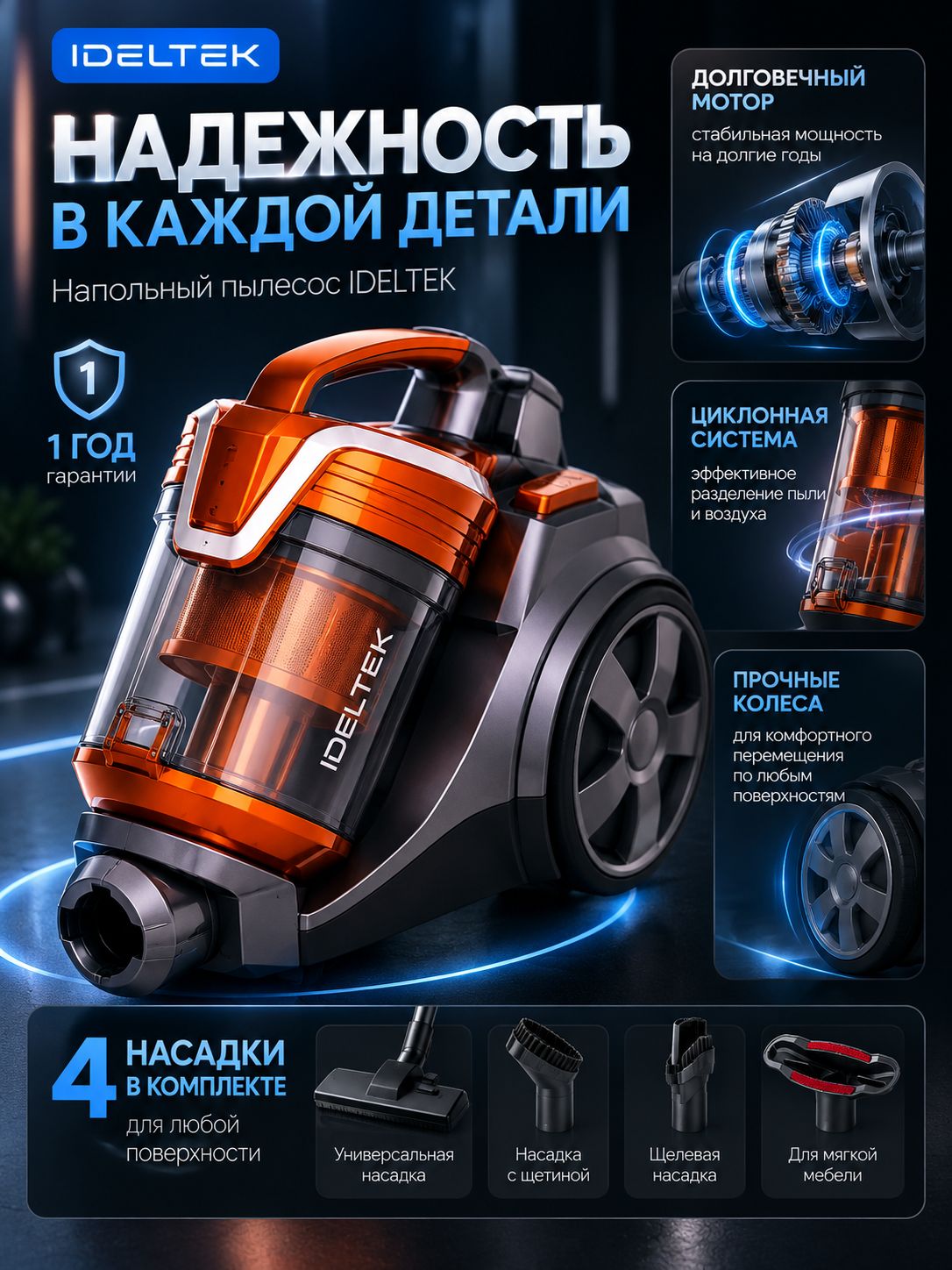 Пылесос для дома IDELTEK мощный с контейнером проводной