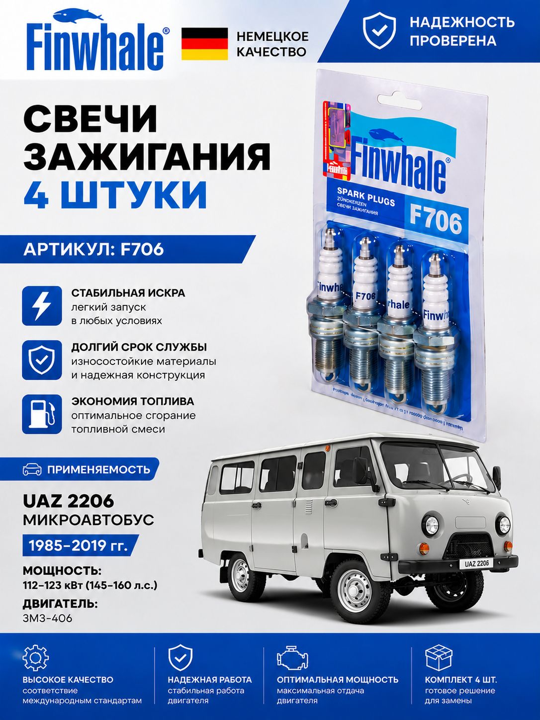 Свечи зажигания 4 шт. на УАЗ 2206 UAZ 2206