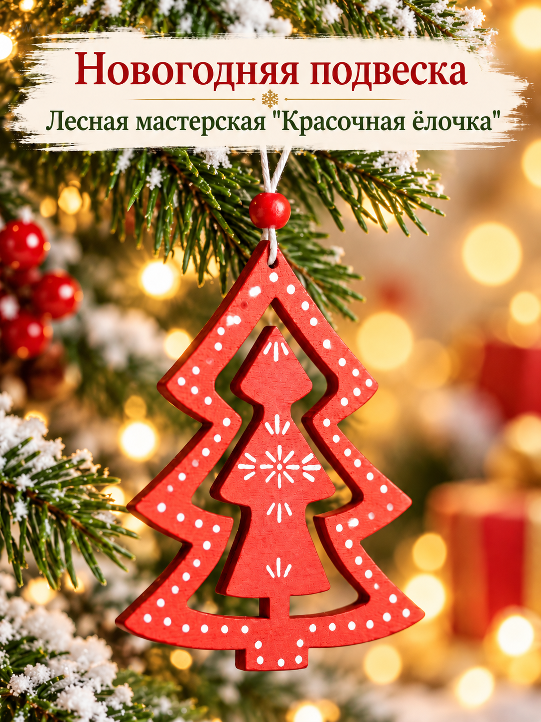 Новогодняя подвеска Лесная мастерская "Красочная ёлочка", дерево, красная