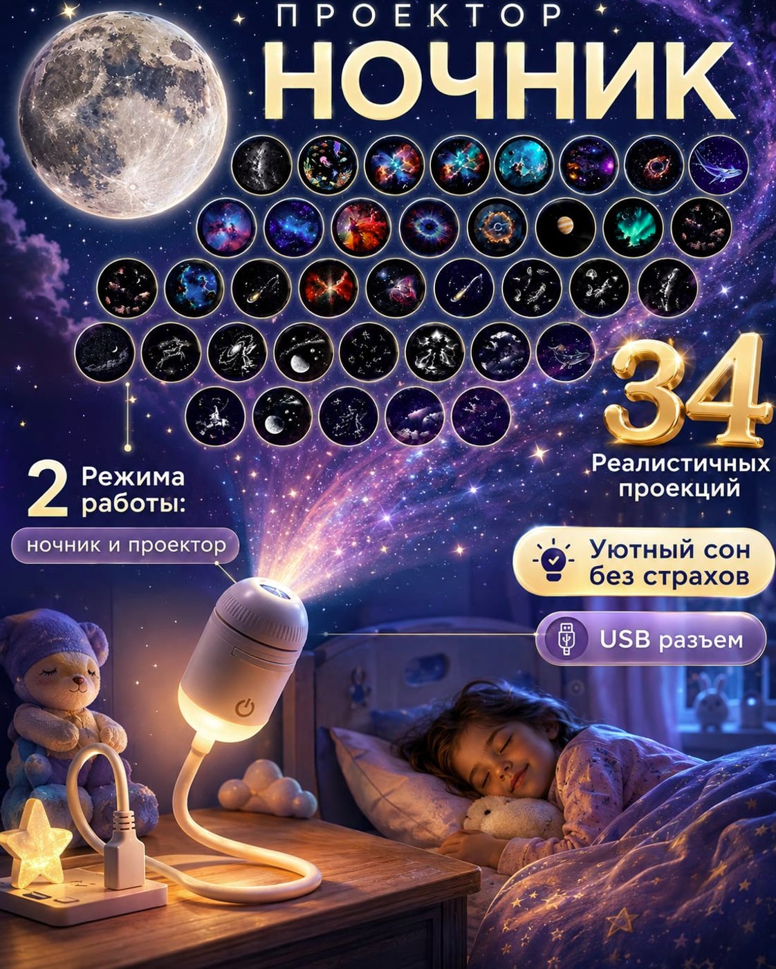 USB ночник с проектор звёздного неба, Мини-проектор, 34 слайда