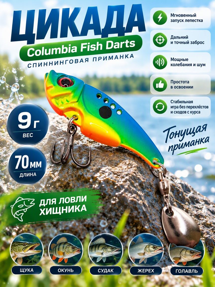 Джиг-спиннер Columbia Fish Darts 9 г, 70 мм: блесна-цикада для щуки, окуня, судака, тонущая приманка