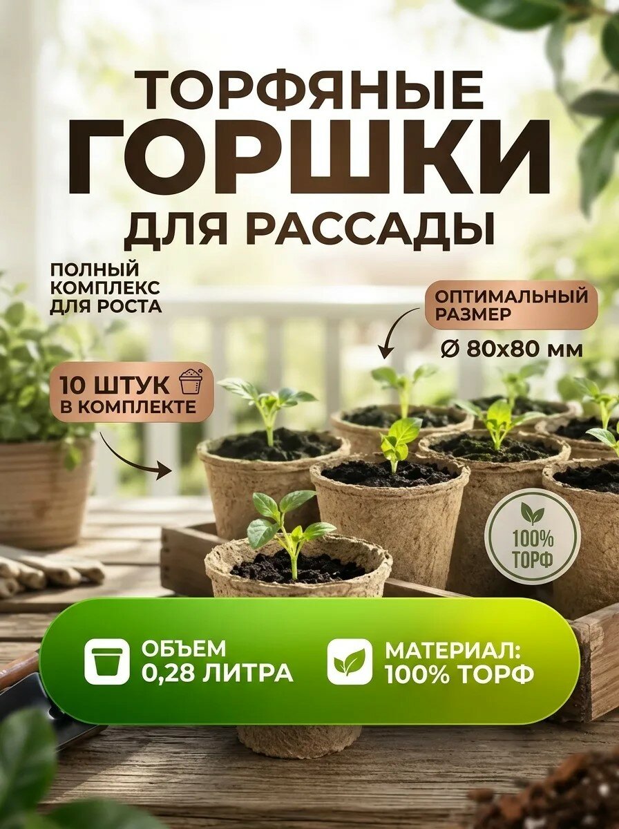 Торфяные горшочки для рассады 10 шт, 0.28 л, 80*80мм