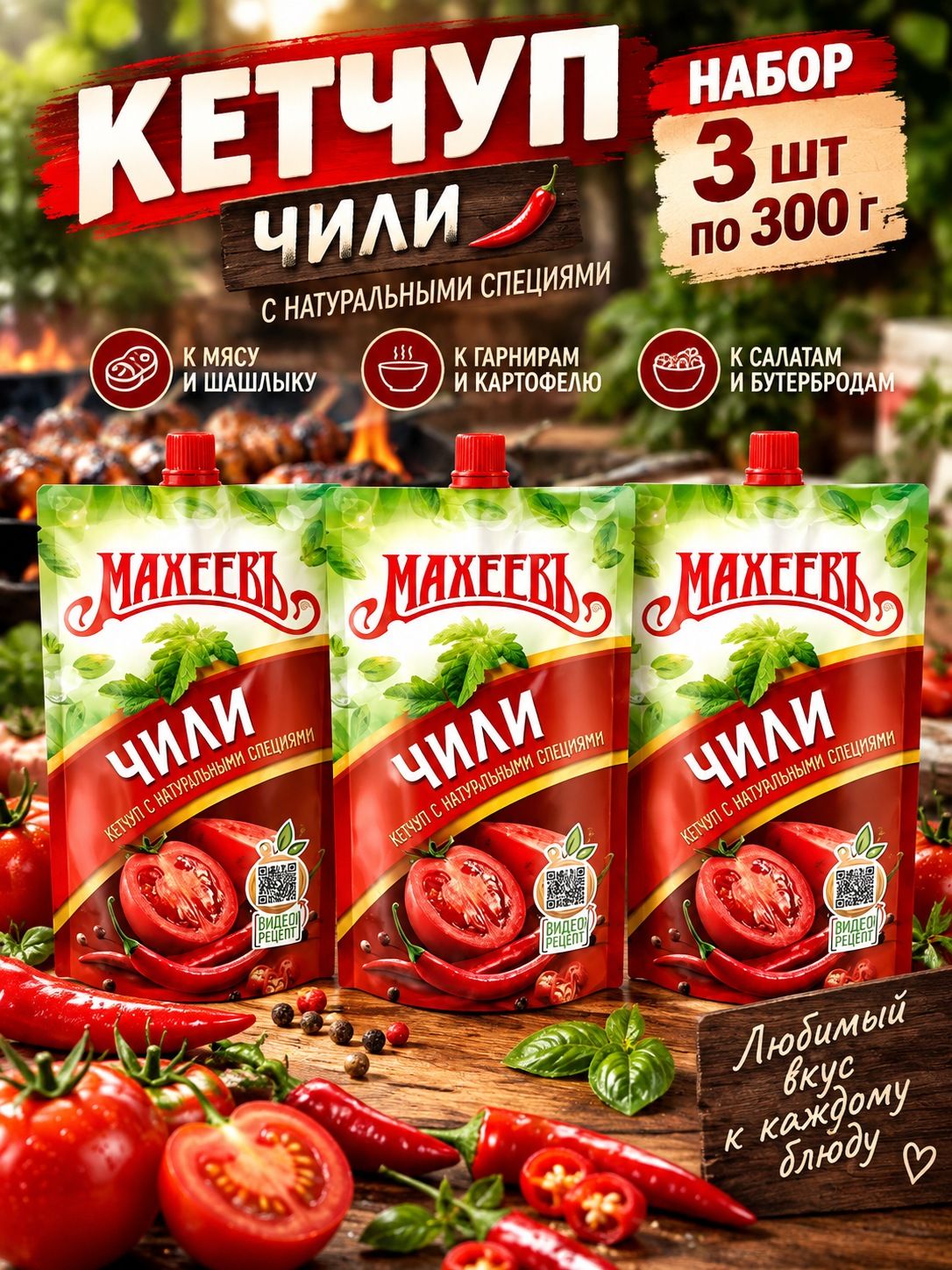 Набор кетчупов чили премиум для шашлыков 3 шт по 300 г, томатный соус к мясу, гарниру и картофелю