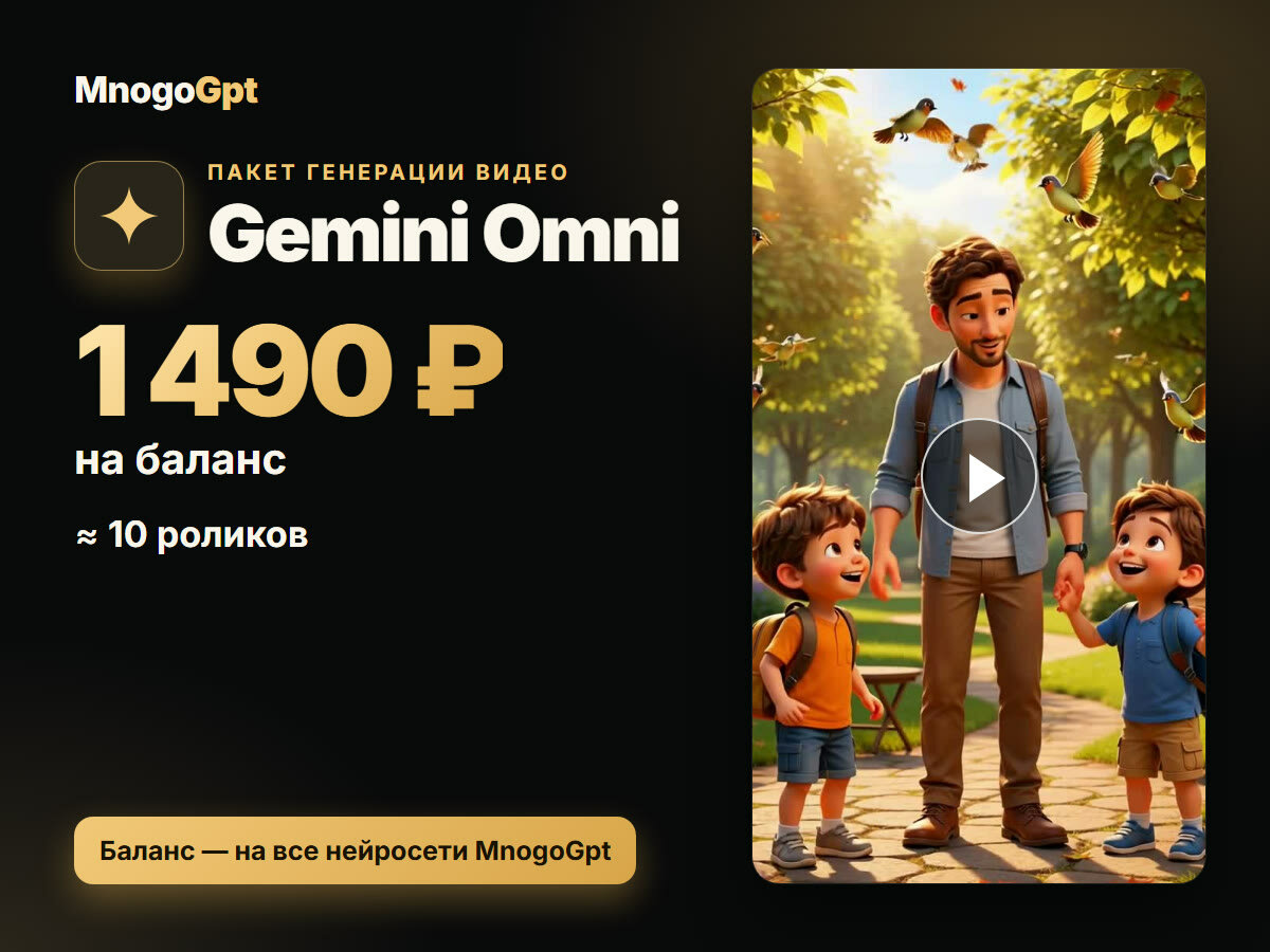 Оживить фото: нейросеть для видео Gemini Omni — без подписки, баланс 1 490 ₽ в кабинете MnogoGpt, ≈10 роликов