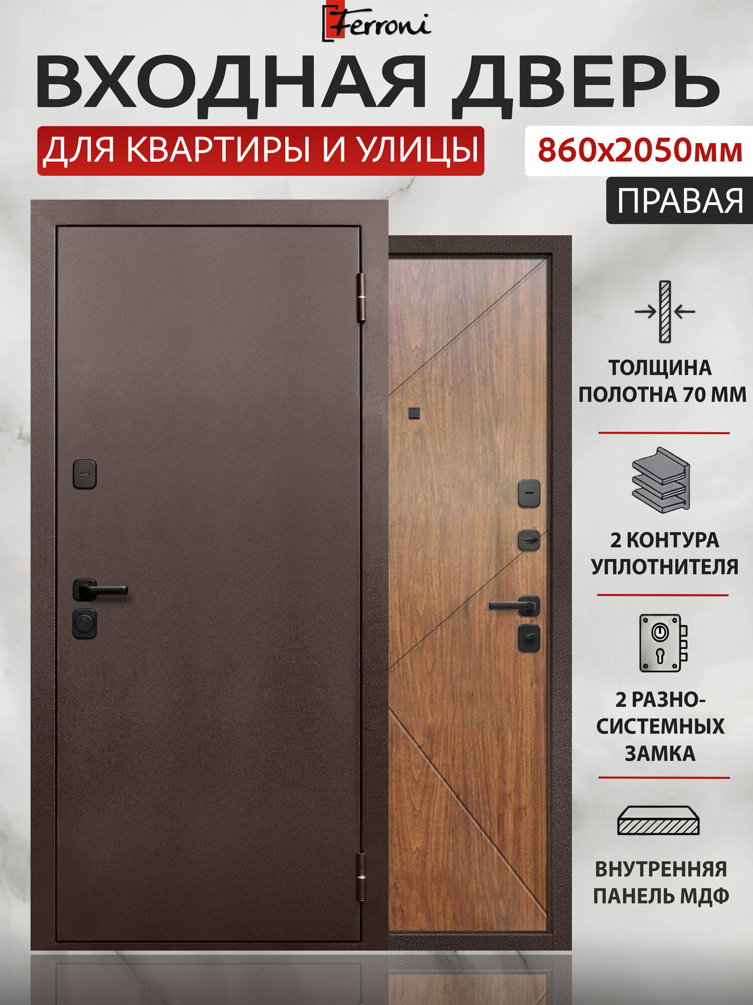Входная дверь Ferroni Гарда 7 см Антик медь Мореная береза 860 правая