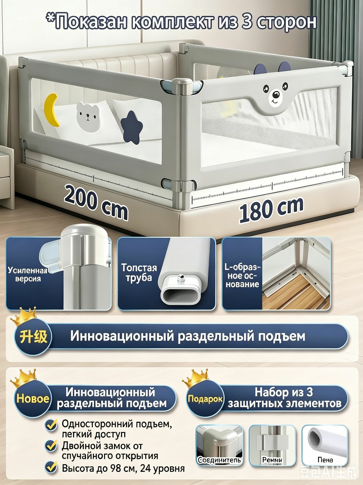Защитные бортики для кровати для дома, барьер от падения маленьких детей, трехсторонний комплект 3 шт. размер 180х200 см