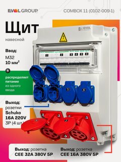 Изображение товара Щит распределительный навесной EVOL Combox 11, 380В 32А + 16А, 6 выходов (Schuko + CEE) IP44 0102-009-1