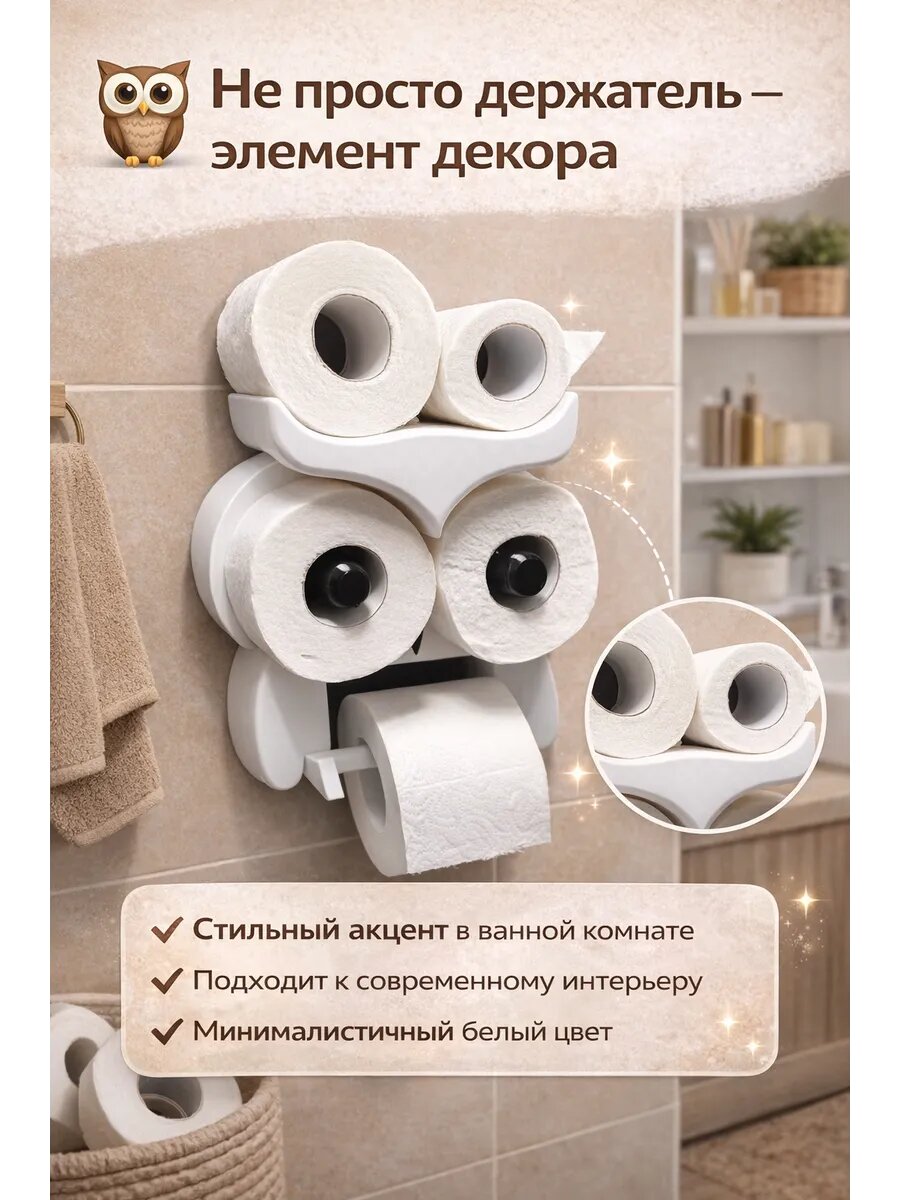 Держатель с накопителем для Рулонов Туалетной Бумаги сова, в белом цвете — фото 1