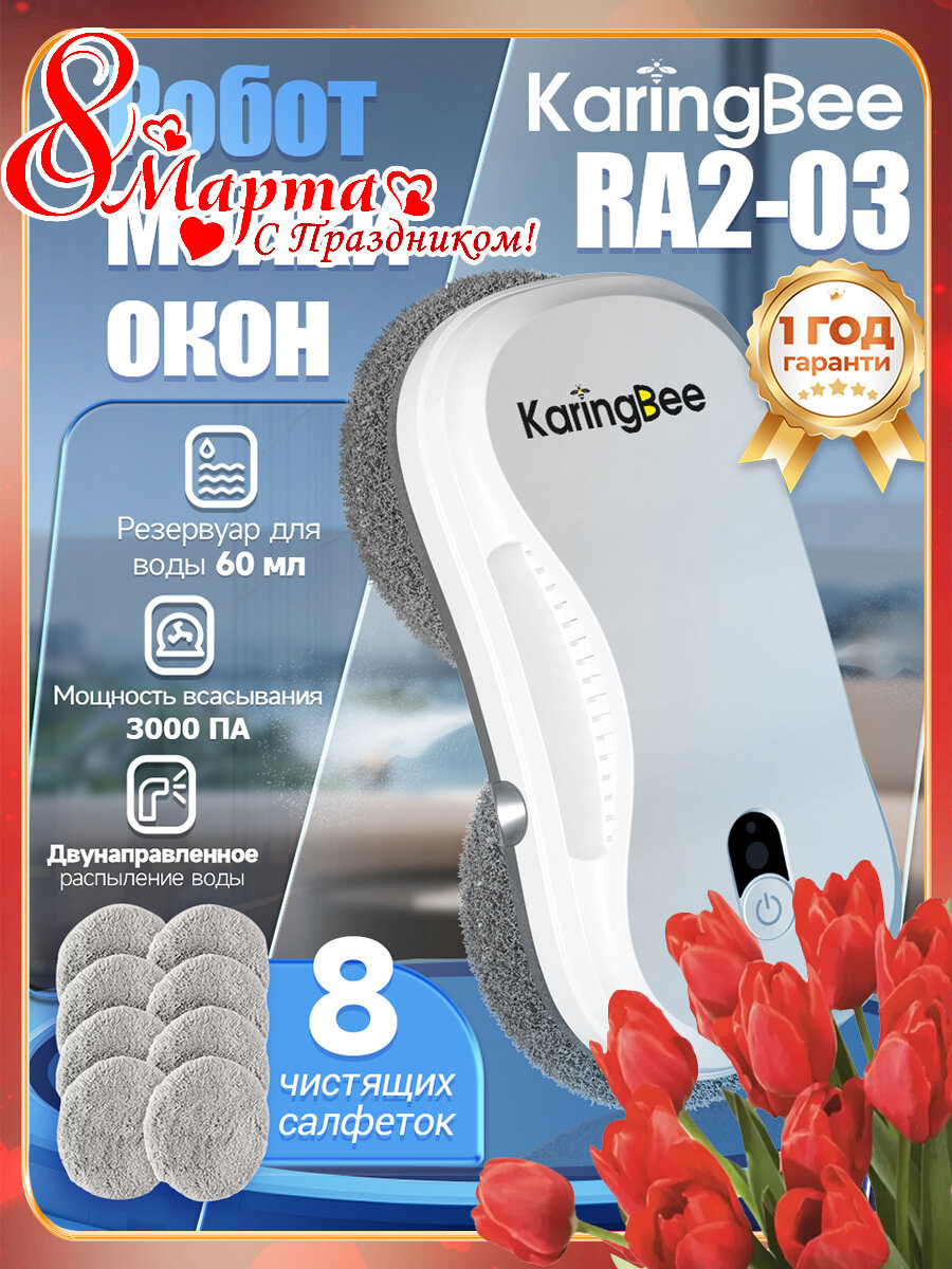 Робот мойщик окон с распылителем KaringBee RA2-03, мощность всасывания 3000Pa, пульт ДУ, белая