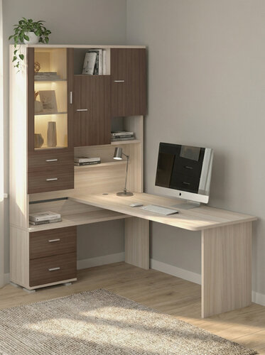 Изображение товара Стол компьютерный Мэрдэс СР-620/180 КШК-ЛЕВ Карамель/Шамони/Карамель, с надстройкой, 130х180х216 см, с ящиками