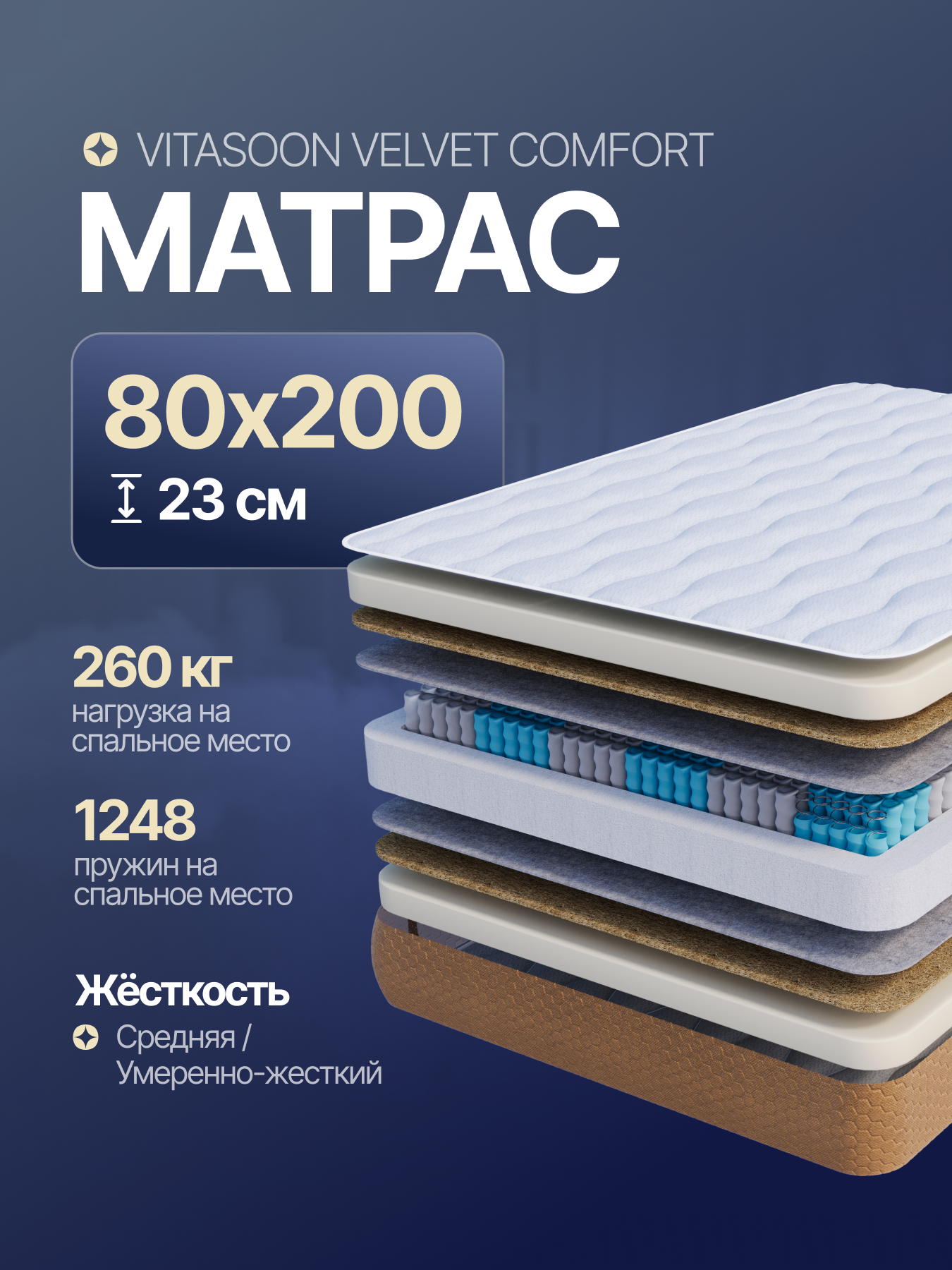 Матрас 80x200 пружинный высота 23 см Vitasoon Velvet Comfort