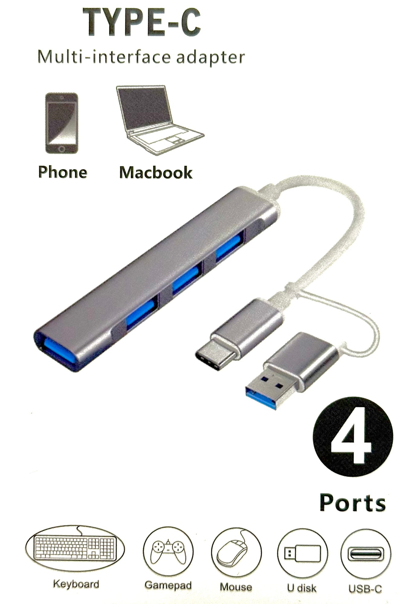 Универсальный USB Type-C/A коннектор хаб, 4 порта USB 3.0, алюминиевым корпус, для MacBook, компьютер, смартфонов