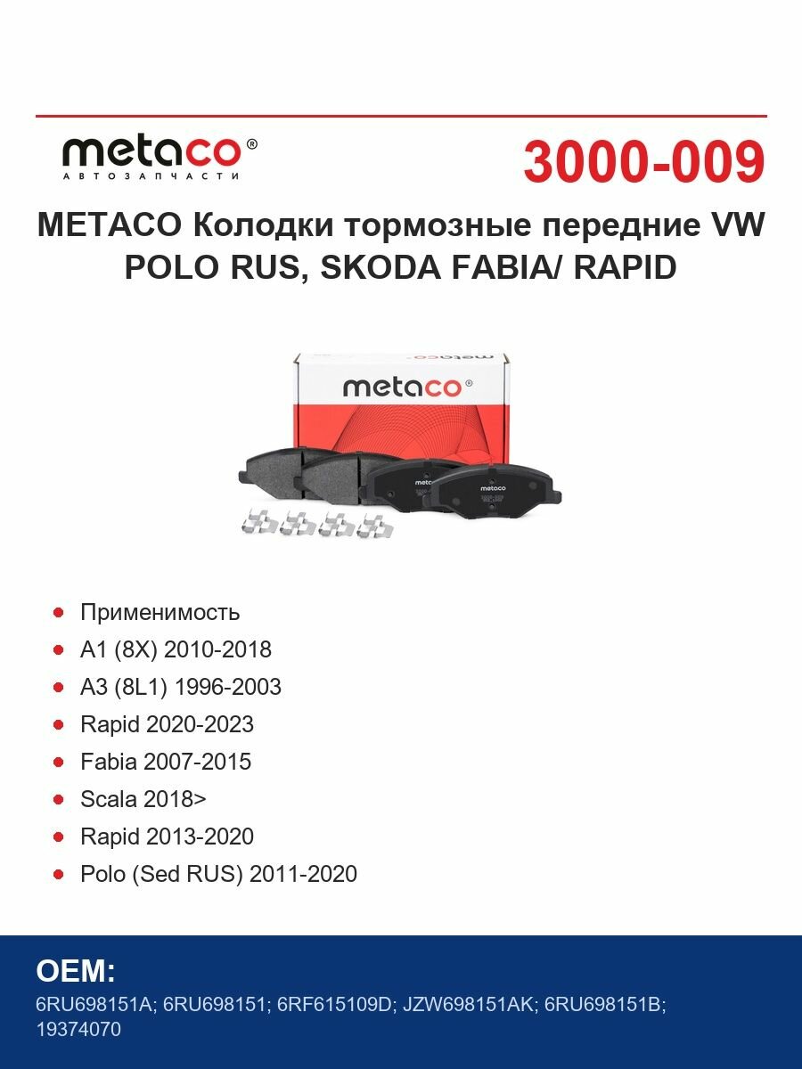 METACO Колодки тормозные передние VW POLO RUS, SKODA FABIA/ RAPID