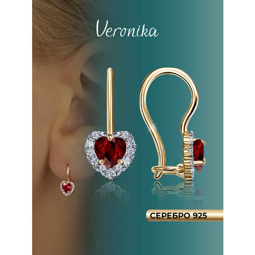 фото Серьги veronika, серебро, 925 проба, золочение, фианит, , бордо