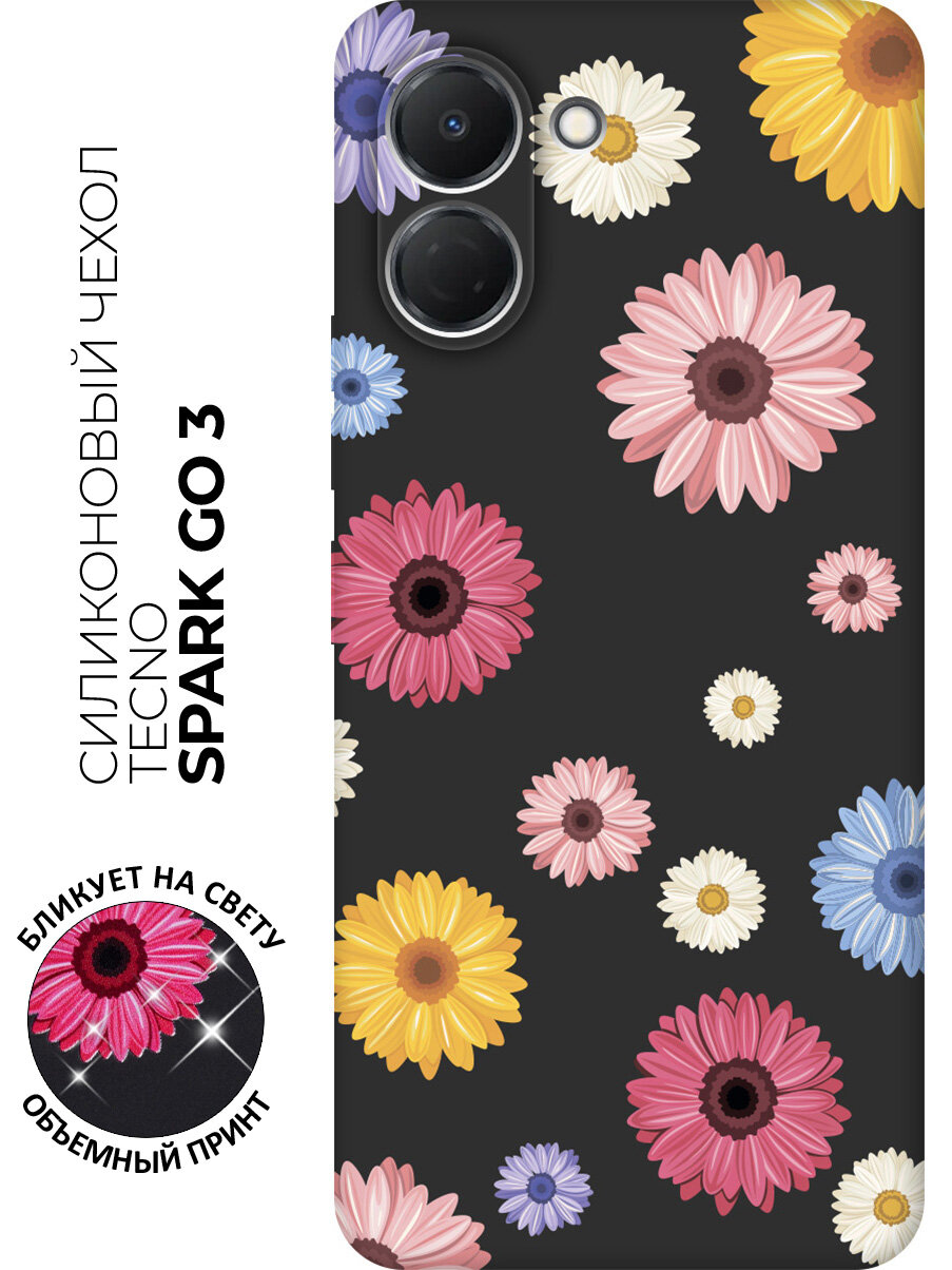 Силиконовый чехол на Tecno Spark Go 3 с принтом "Герберы" матовый черный