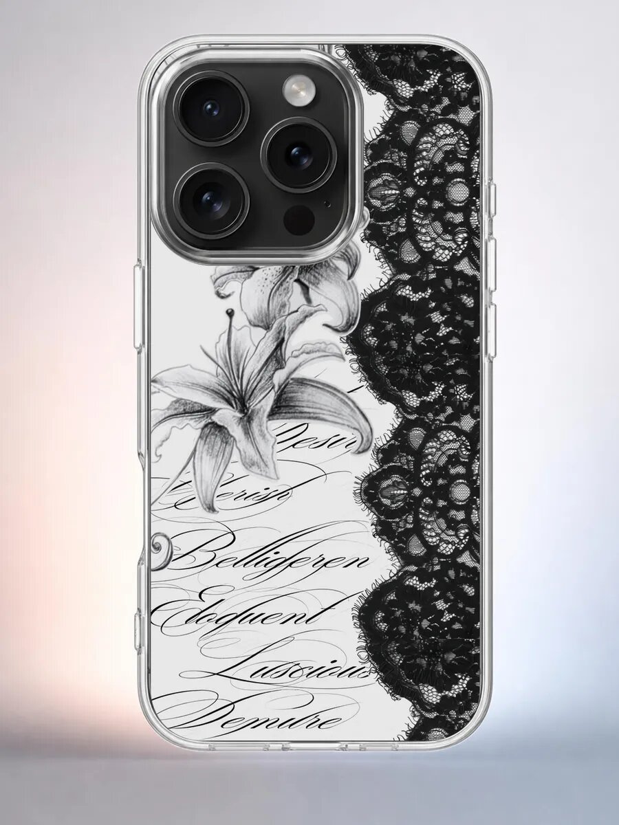 Чехол iPhone 15 Pro лилии и кружево силиконовый прозрачный