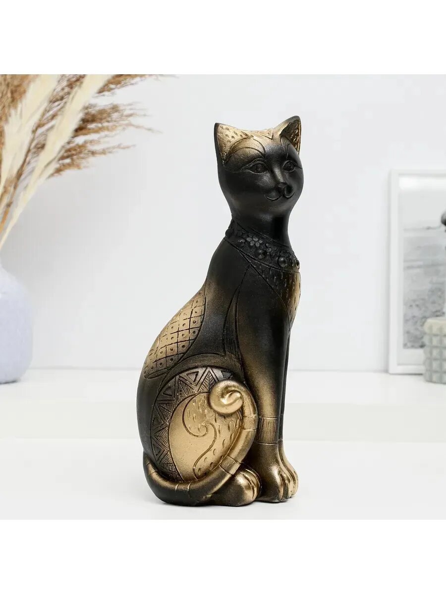 Фигура Кот Фараон черная в золоте, 28см
