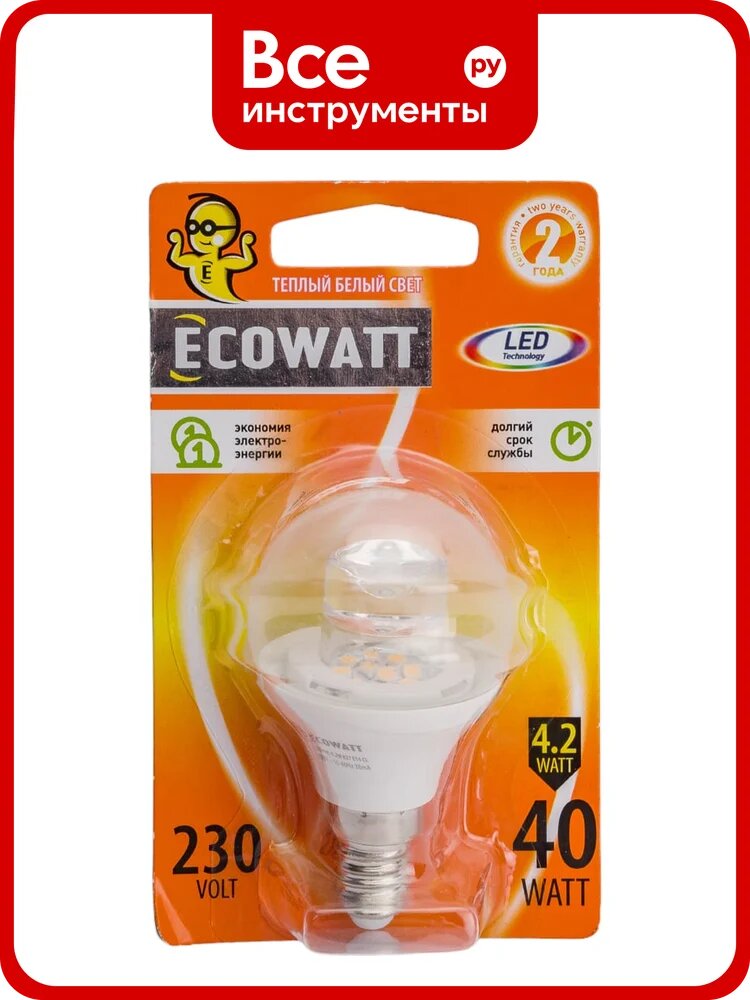 Светодиодная лампа ECOWATT P45, 4.2(40)W, 2700K, E14, CL 300, миньон, теплый белый свет, шарик, прозрачный 4606400419396