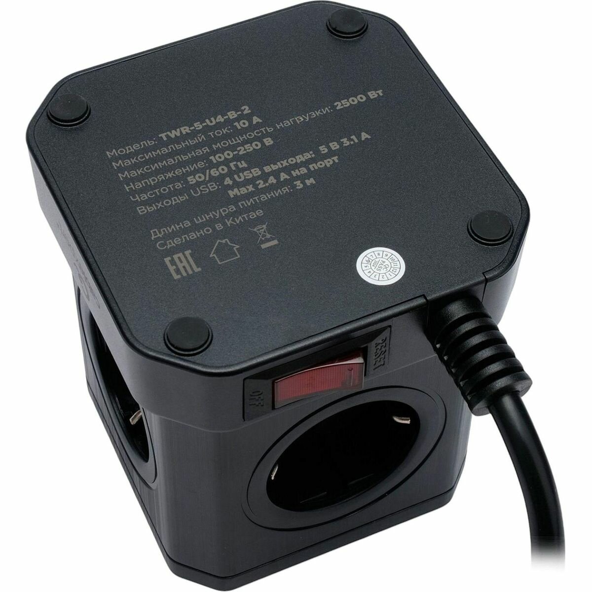 Сетевой фильтр Cablexpert Tower 5р/3м, 10А, 4хUSB, черный(TWR-5-U4-B-3) (2161348)