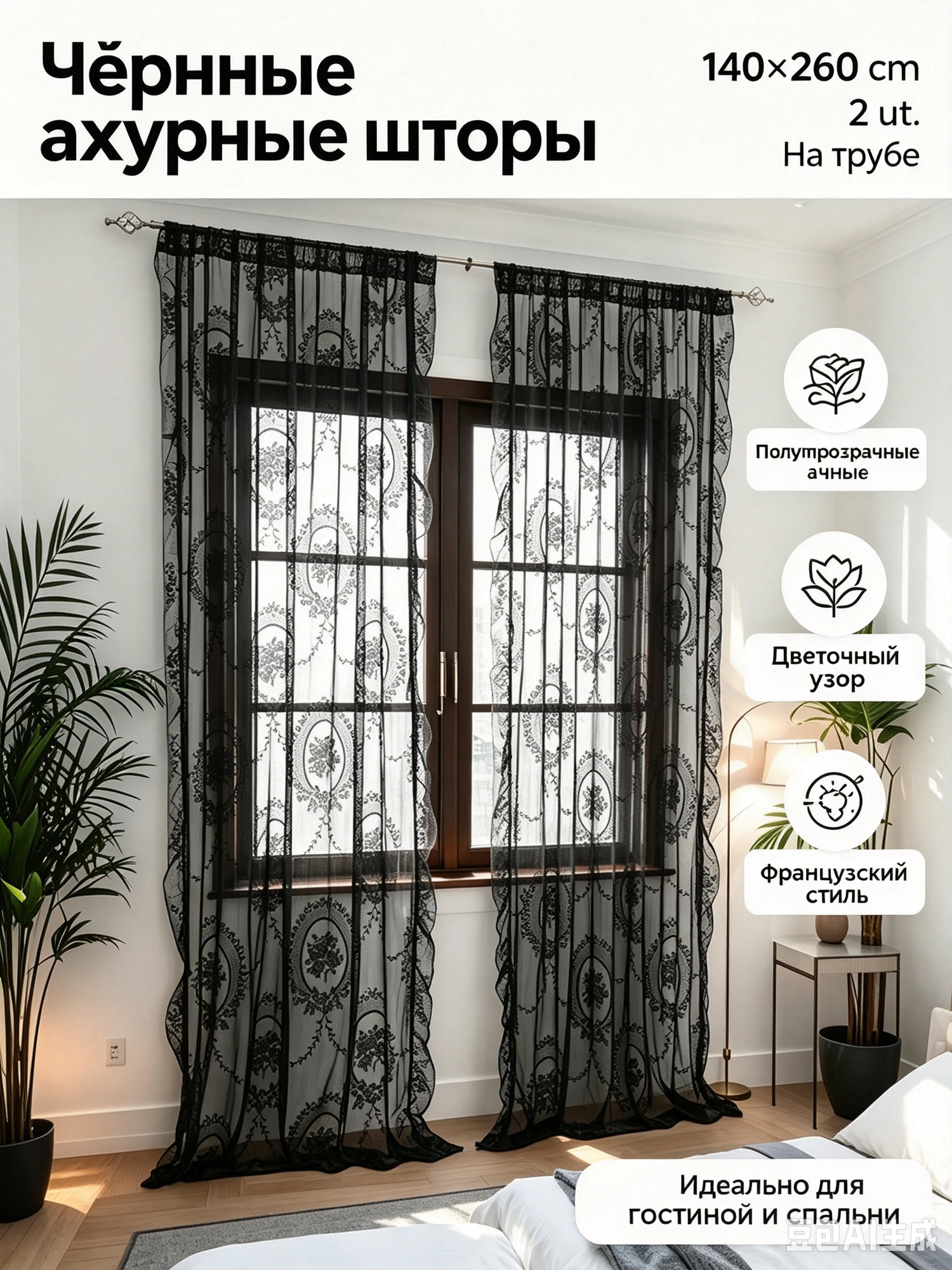 Классические шторы чёрные с кружевным узором, комплект 2 шт, 140×260 см